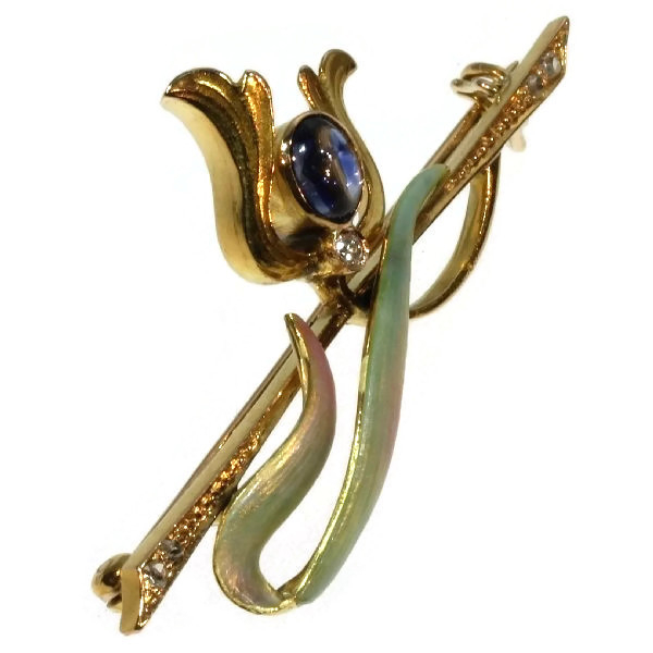 Enameled Art Nouveau brooch with diamonds and sapphire